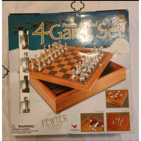 Cardinal 2002 Pewter & Wood 4 Game Set Checkers Backgammon Tic Tac Toe Chess - Picture 2 of 6